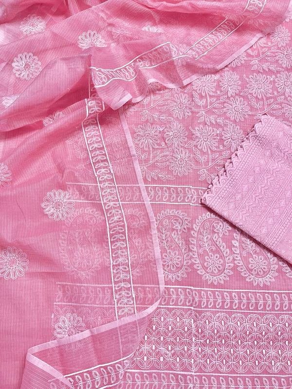 Kota Doria Embroidery Work Suit Material with Chikankari Embroidery work bottom Sky Magenta Colour (TOP+DUPATTA+BOTTOM)-Indiehaat