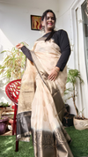 Silk Linen Weaving Design Jacquard Handloom Saree Cream Color with Running Blouse-Indiehaat