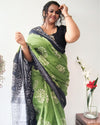 Slub Linen Saree Batik Print Moss Green Color with running blouse-Indiehaat