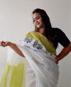 Earthy Kota Doria Saree Green & White Blockprinted