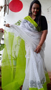 Earthy Kota Doria Saree Green & White Blockprinted