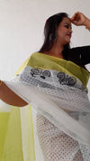 Earthy Kota Doria Saree Green & White Blockprinted