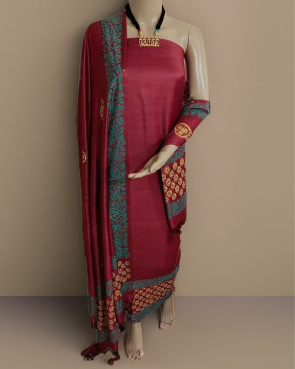 Katan Silk Colorful Blockprint Red Suit