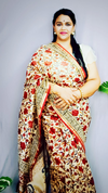 Chanderi Silk Saree Cream Colour Kalamkari Handblock Printed with running blouse-Indiehaat