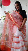 Vibrant Kota Doria Saree Orange & White Blockprinted