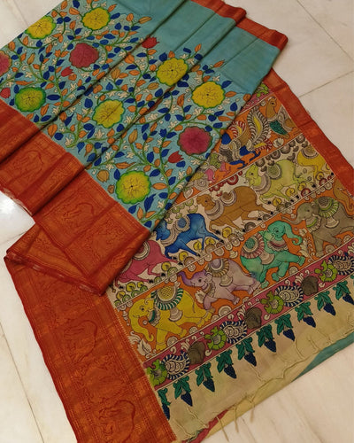 Indiehaat | Mangalagiri Pattu Kalamkari Blue Saree | Unique