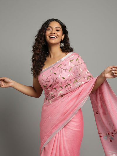 Color-Rich Pure Linen Handloom Saree Pink Embroidered