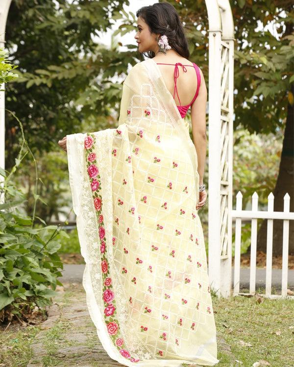 Artisanal Kota Doria Cotton Floral Embroidery Saree Yellow