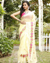 Artisanal Kota Doria Cotton Floral Embroidery Saree Yellow