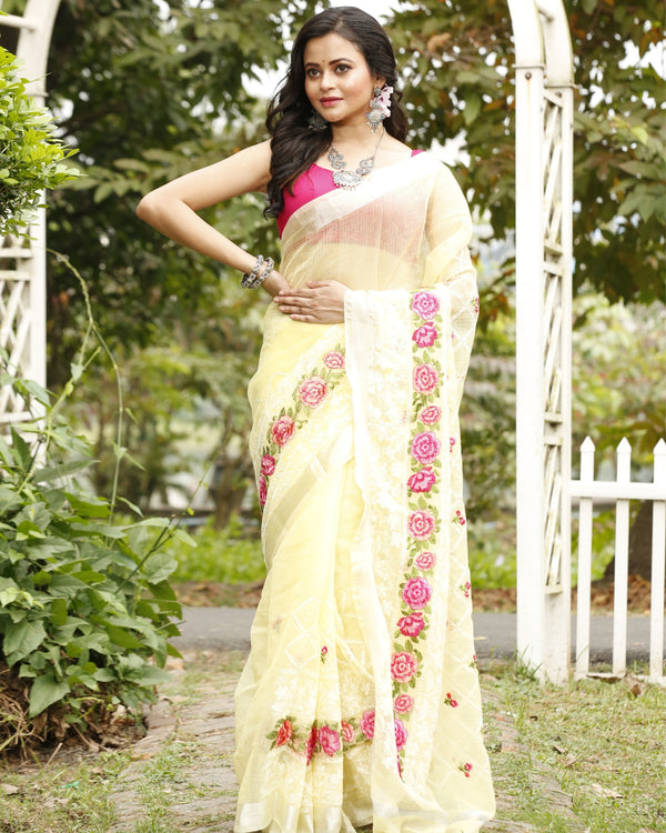 Artisanal Kota Doria Cotton Floral Embroidery Saree Yellow
