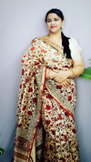 Chanderi Silk Saree Cream Colour Kalamkari Handblock Printed with running blouse-Indiehaat