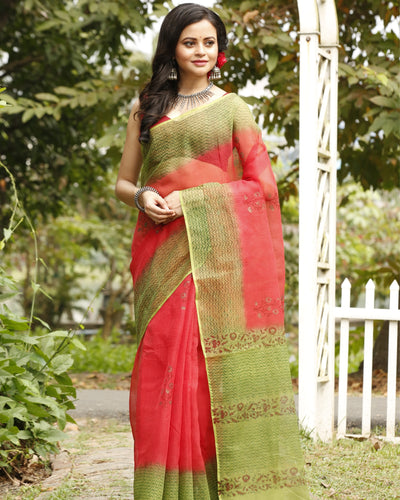 Playful Kota Doria Blockprinted Pink & Green Saree