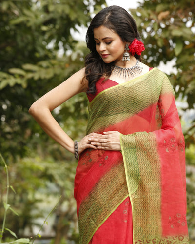 Playful Kota Doria Blockprinted Pink & Green Saree