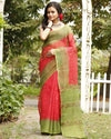 Playful Kota Doria Blockprinted Pink & Green Saree