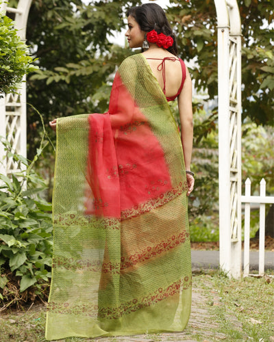 Playful Kota Doria Blockprinted Pink & Green Saree