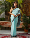 Pure Cotton Handloom Jamdani Weaving Saree Aqua Blue Color with running blouse-Indiehaat