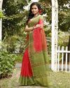 Playful Kota Doria Blockprinted Pink & Green Saree