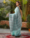 Pure Cotton Handloom Jamdani Weaving Saree Aqua Blue Color with running blouse-Indiehaat