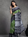 Earthy Slub Linen Saree Wax Batik Hand Dyed Moss Green