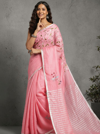 Color-Rich Pure Linen Handloom Saree Pink Embroidered