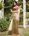 Artistic Kota Doria Blockprinted Beige & Green Saree