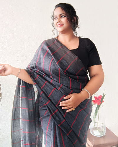 Bold Handwoven Pure Linen Gray Saree Striped Design