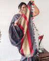 Bold Handwoven Pure Linen Gray Saree Striped Design