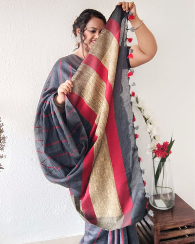 Bold Handwoven Pure Linen Gray Saree Striped Design