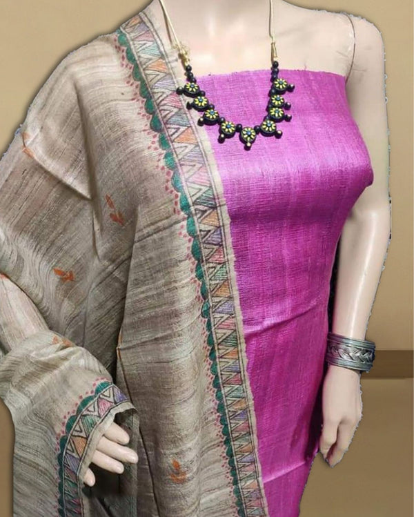 Silkmark Tussar Beige Madhubani Modern Dupatta & Violet Top