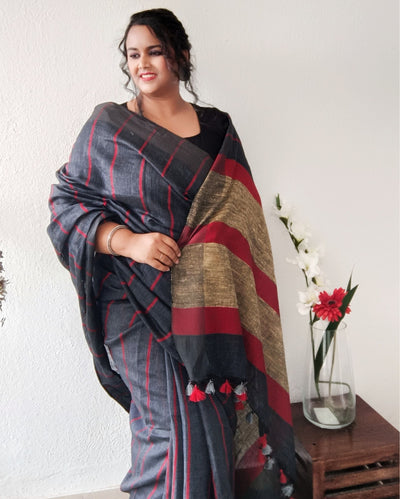 Bold Handwoven Pure Linen Gray Saree Striped Design