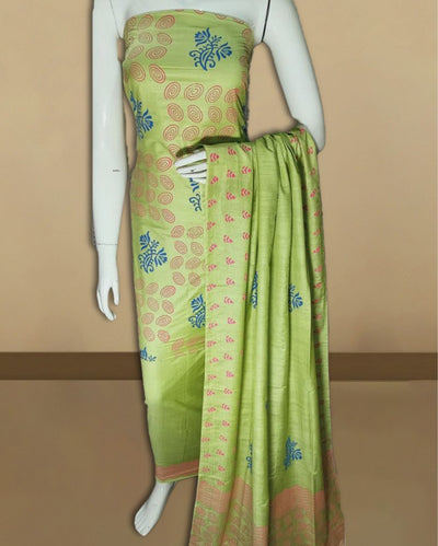 Katan Silk Hypnotic Blockprint Green Suit (T+B+D)