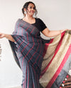 Bold Handwoven Pure Linen Gray Saree Striped Design