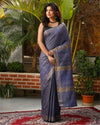 Silkmark Certified Gichcha Tussar Handloom Hand Dyed Bluish Grey Saree with Contrast Blouse-Indiehaat