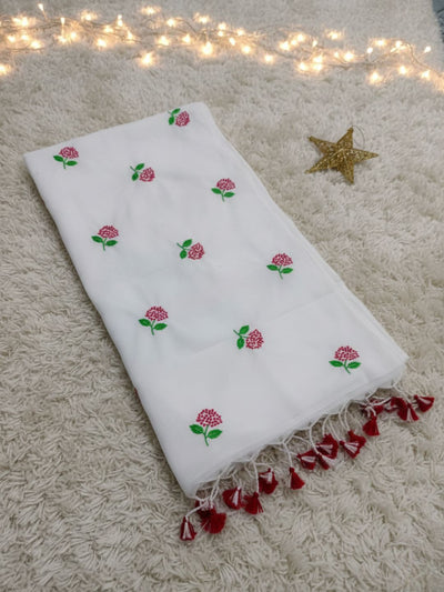 Indiehaat | Pure Cotton Half Embroidery Saree White