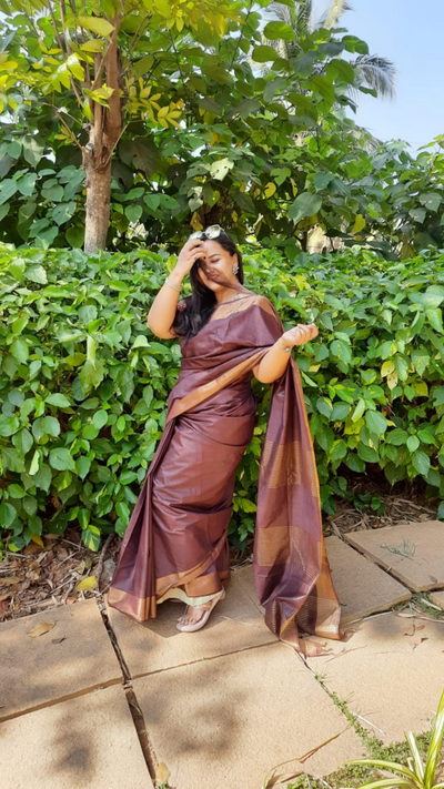 Handloom Jayashree Silk Saree Brown Colour with Running Blouse-Indiehaat