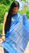 Unique Banarasi Silk Linen Blue Handloom Saree