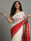 Serene Pure Linen Handloom Saree White & Red Embroidered
