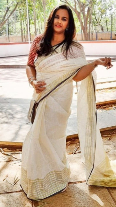 Shop Pure Khadi Linen Saree White Online Now