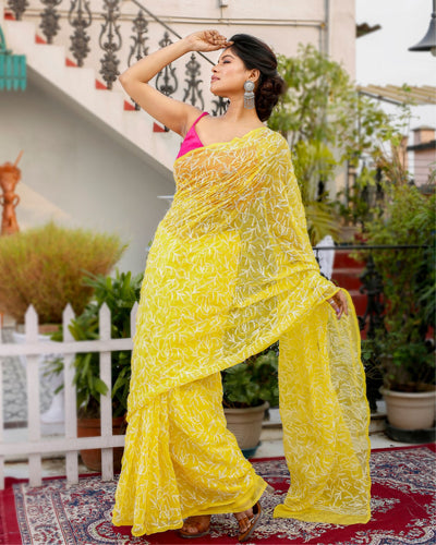 Tepchi Handwork Georgette Work Yellow Saree