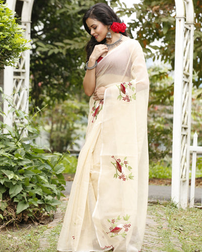 Natural Kota Doria Cotton Bird Embroidery Beige Saree Handdyed