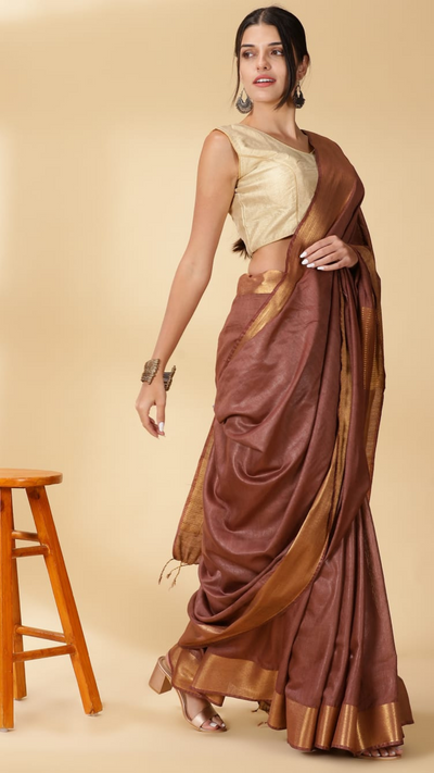 Handloom Jayashree Silk Saree Brown Colour with Running Blouse-Indiehaat