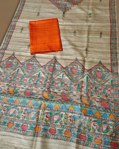Silkmark Tussar Beige Madhubani Melodic Dupatta & Orange Top