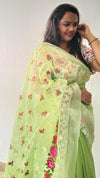 Vibrant Kota Doria Cotton Floral Embroidery Saree Green