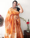 Slub Linen Batik Print Saree Mustard Yellow Color with running blouse-Indiehaat