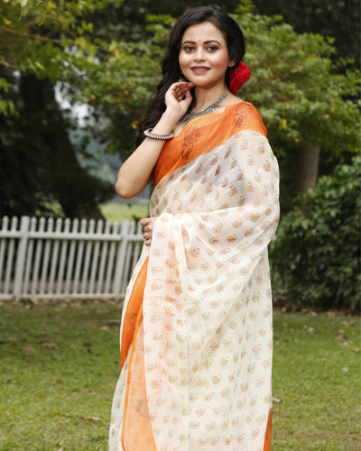 Vibrant Kota Doria Blockprinted White & Orange Saree