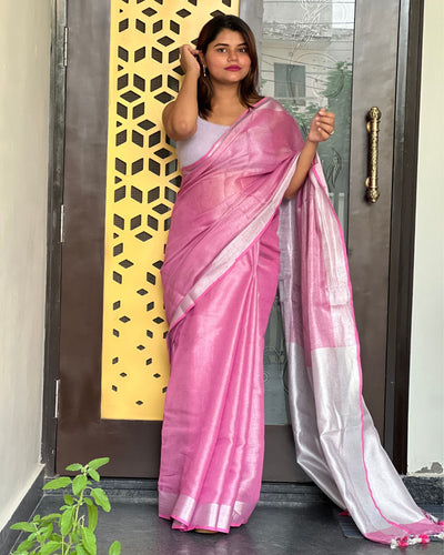 Alluring Pure Tissue Linen Pink Handdyed Saree