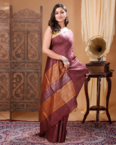 Pure Eri Silk Brown Color Saree with Running Blouse-Indiehaat