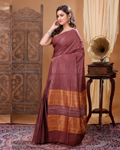 Pure Eri Silk Brown Color Saree with Running Blouse-Indiehaat