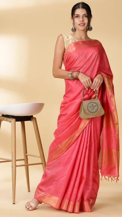 Handloom Jayashree Silk Saree Rose Red Color with Running Blouse-Indiehaat