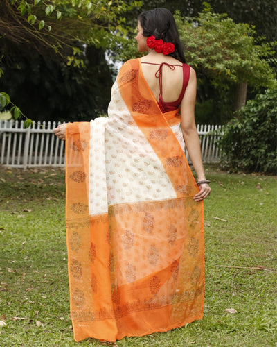 Vibrant Kota Doria Blockprinted White & Orange Saree
